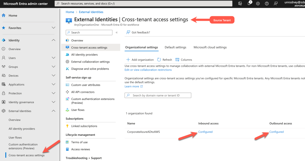 The Azure console displays the Cross-tenant access settings menu and both inbound and outbound access show as Configured