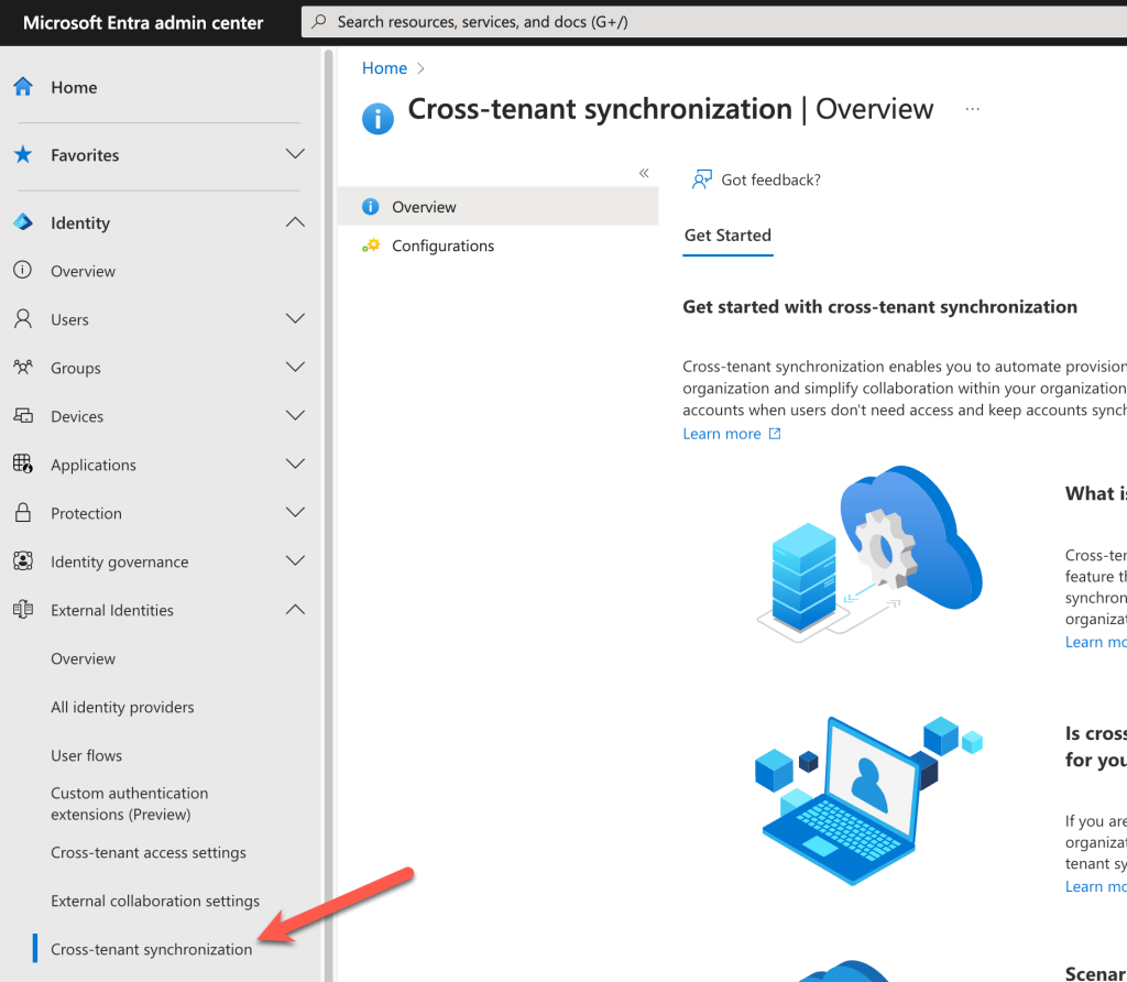 The Azure Portal display the Cross-tenant synchronization Overview screen