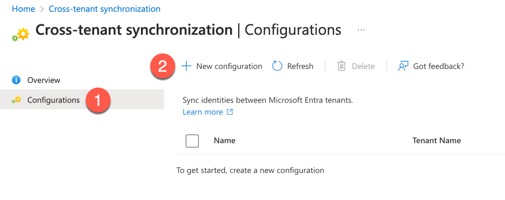 The Azure console displays the Cross-tenant synchronization configuration screen where we will add a new configuration