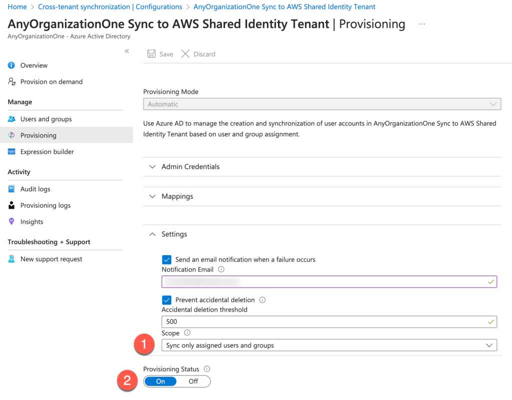 The Azure console displays the provisioning screen where we enable the provisioning status