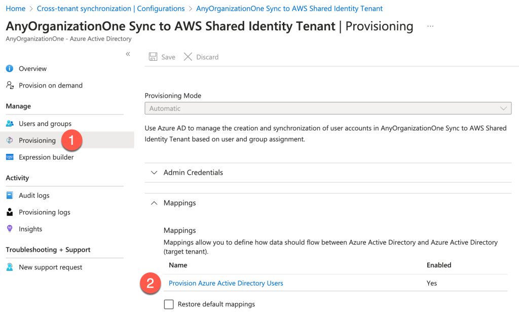 The Azure console shows the provisioning screen where we select the Provision Azure Active Directory Users from the Mapping section