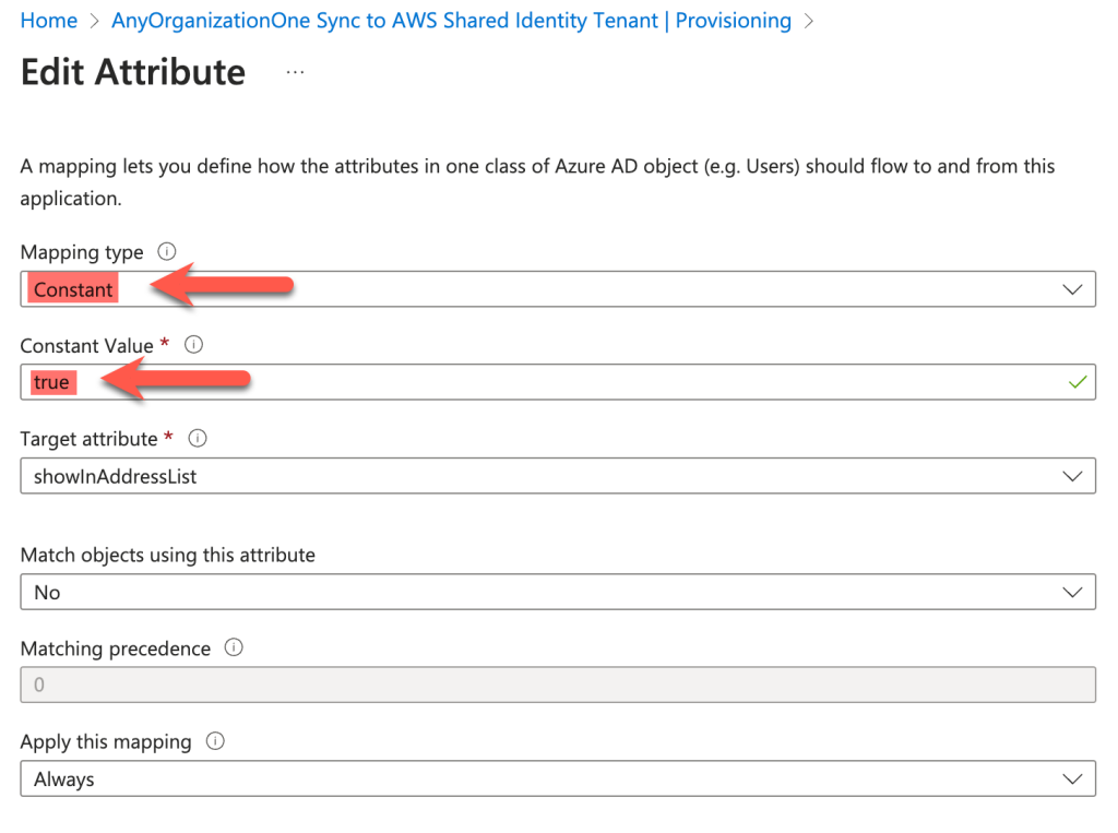 The Azure console displays the Edit Attribute screen where we can very the values are properly configured