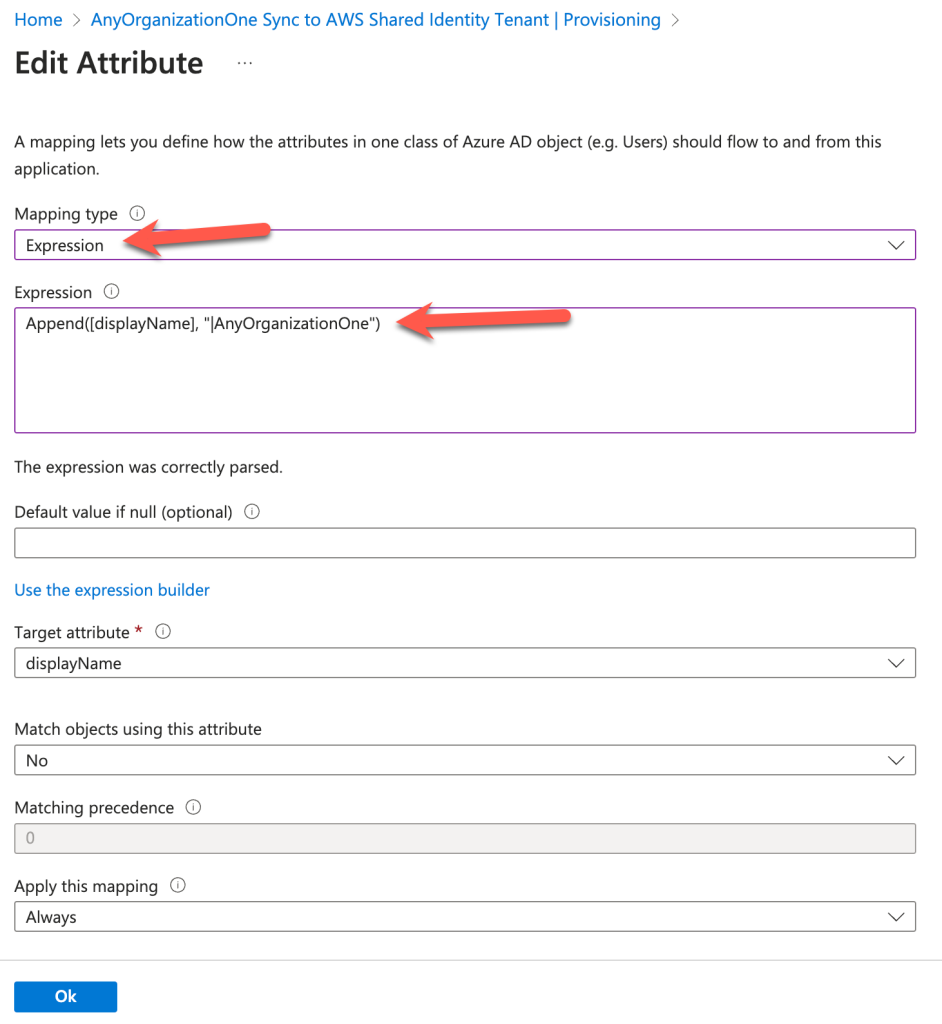 The Azure console displays the Edit Attribute screen where we can append the organization name to the displayname