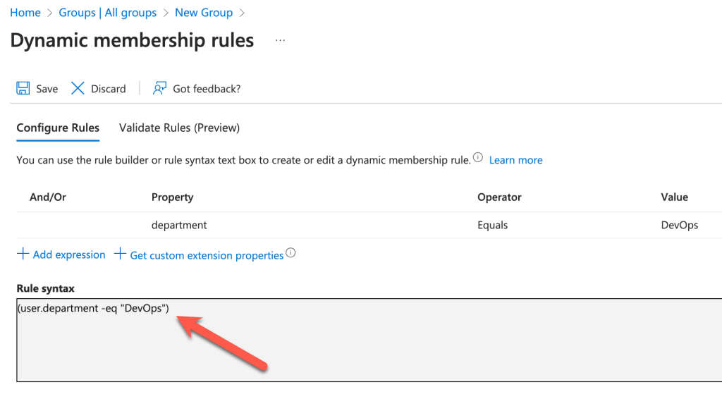 The Azure console displays the Dynamic membership screen where we can create a group based on the Users department by entering the expression