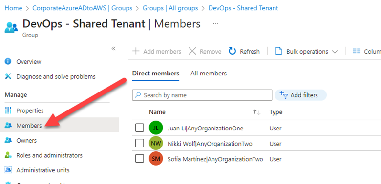 The Azure console displays the members of the DevOps Dynamic Group