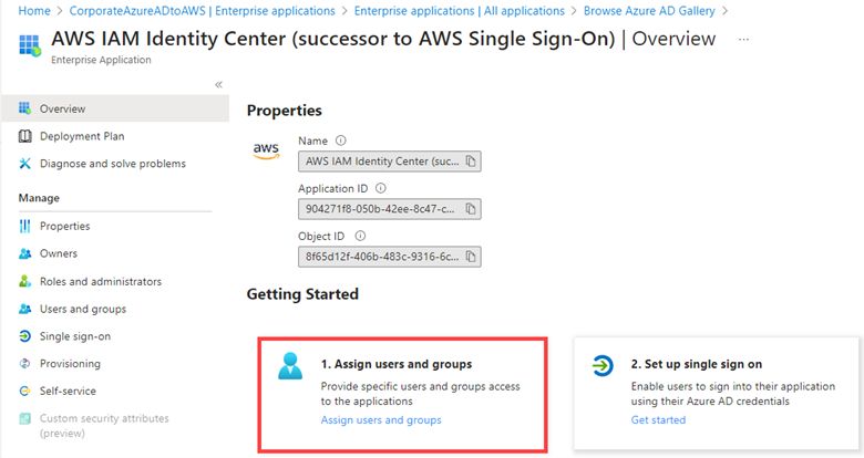 The Azure console displays the AWS IAM Identity Center where we select option one and assign users and groups which will be synchronized to AWS.