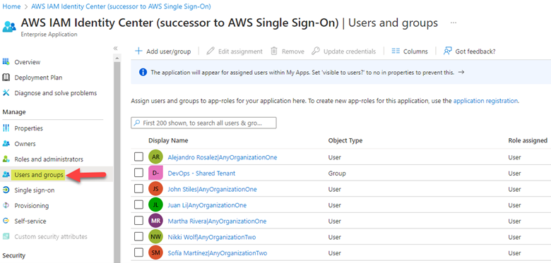 The Azure console displays the Users and Groups which are assigned to be synchronized to AWS IAM Identity Center