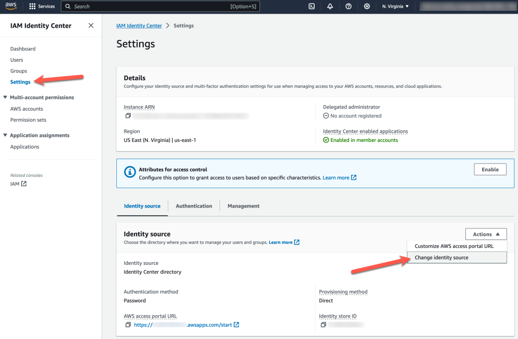 The AWS IAM Identity Center console displays the Change identity source option