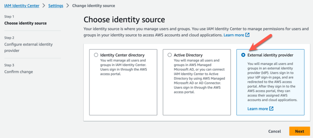 The AWS IAM Identity Center console displays the option to select an External Identity provider