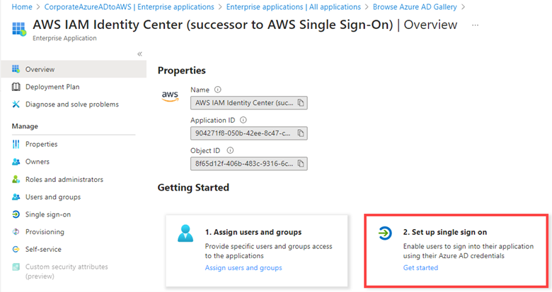 The Azure console displays the option to Set up single sign on from the Enterprise Application