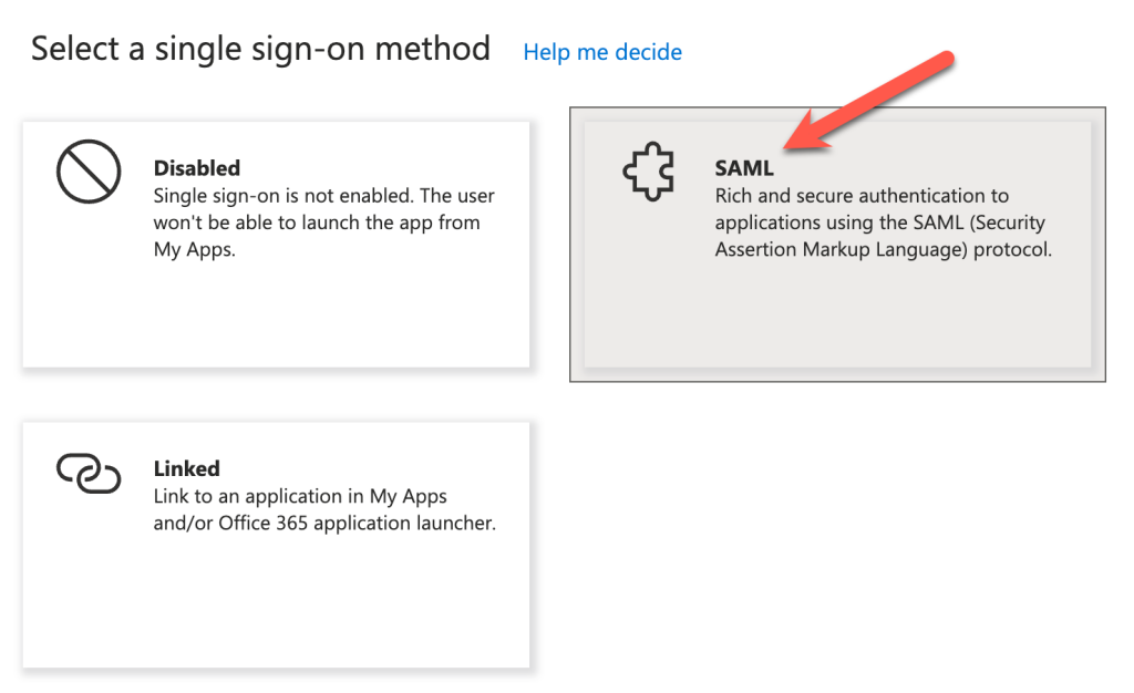 The Azure console displays the option to select SAML for the sign-on method