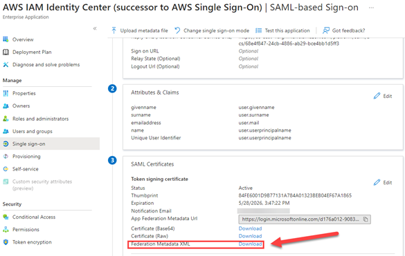 The Azure console displays the SAML Certificates section and from here we select the download for the Federation Metadata XML file.