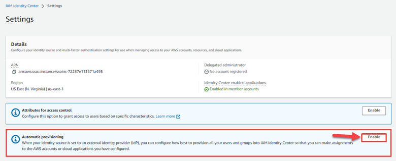 IAM Identity Center displays the option to enable automatic provisioning which we will enable