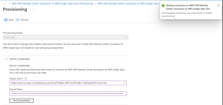 The Azure console displays the successful message after providing the token and endpoint and selecting test connection.