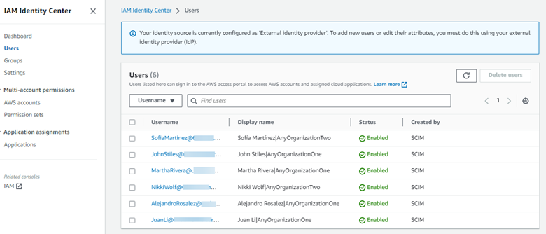 The IAM Identity Center displays the Users which have synchronized from Azure