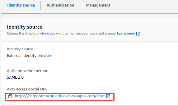 The AWS Console displays the AWS access portal URL which we customized with our Shared tenant domain name