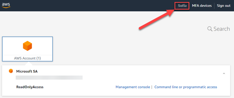 The user Sofia has logged into the AWS Management Console