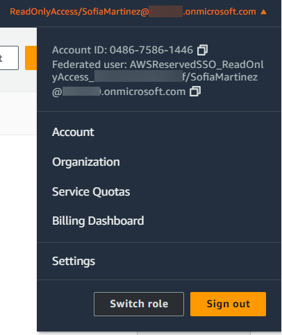 The AWS Management Console displays Sofia’s name along with Account ID and the read-only role assigned.