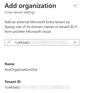 The Azure Console displays the Add Organization screen where you enter in a tenant ID or domain name from the Azure Cloud