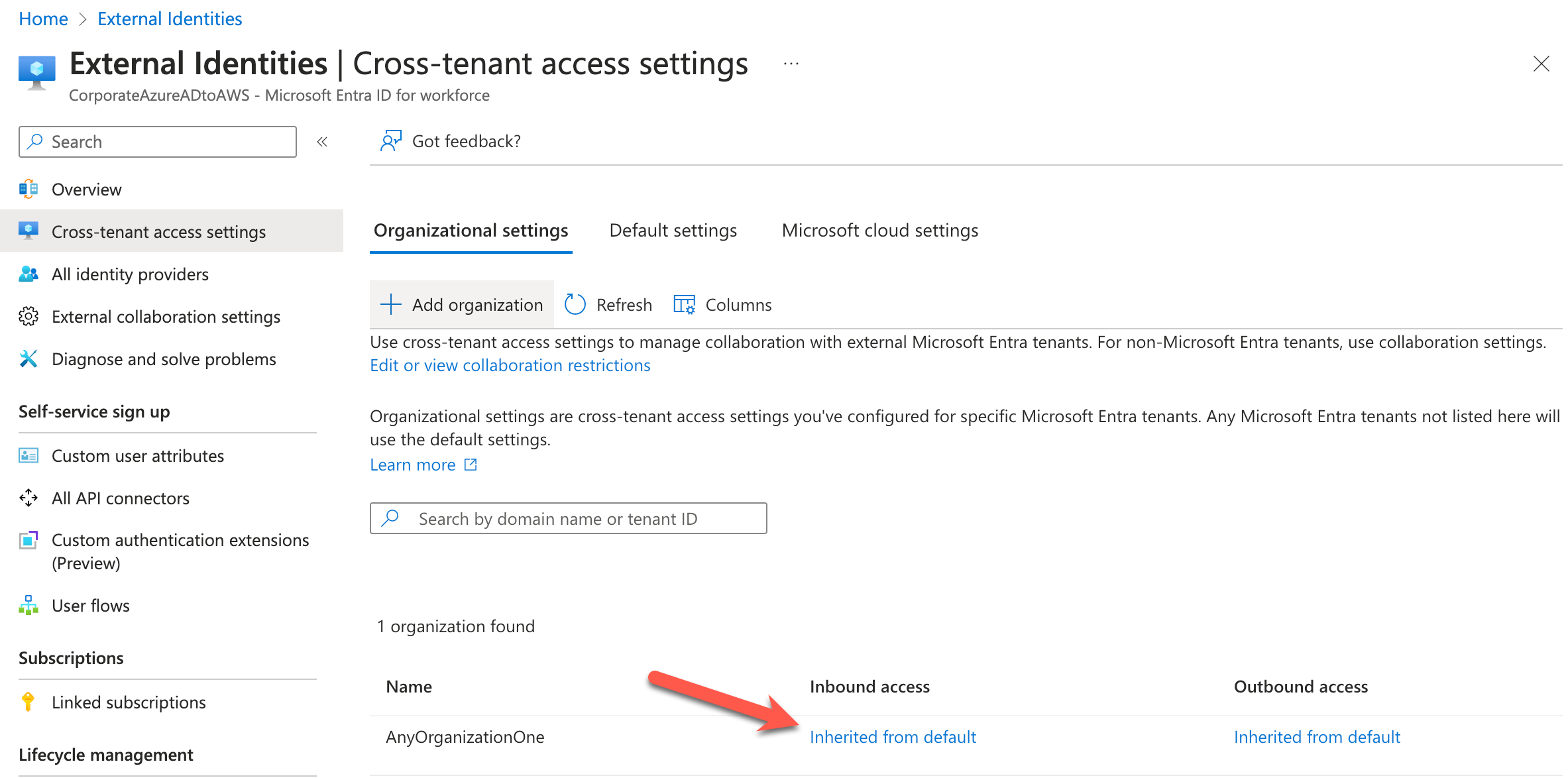 The Azure Console displays the External Identities Cross-tenant access settings screen where we select the Inherited from default option under Inbound access