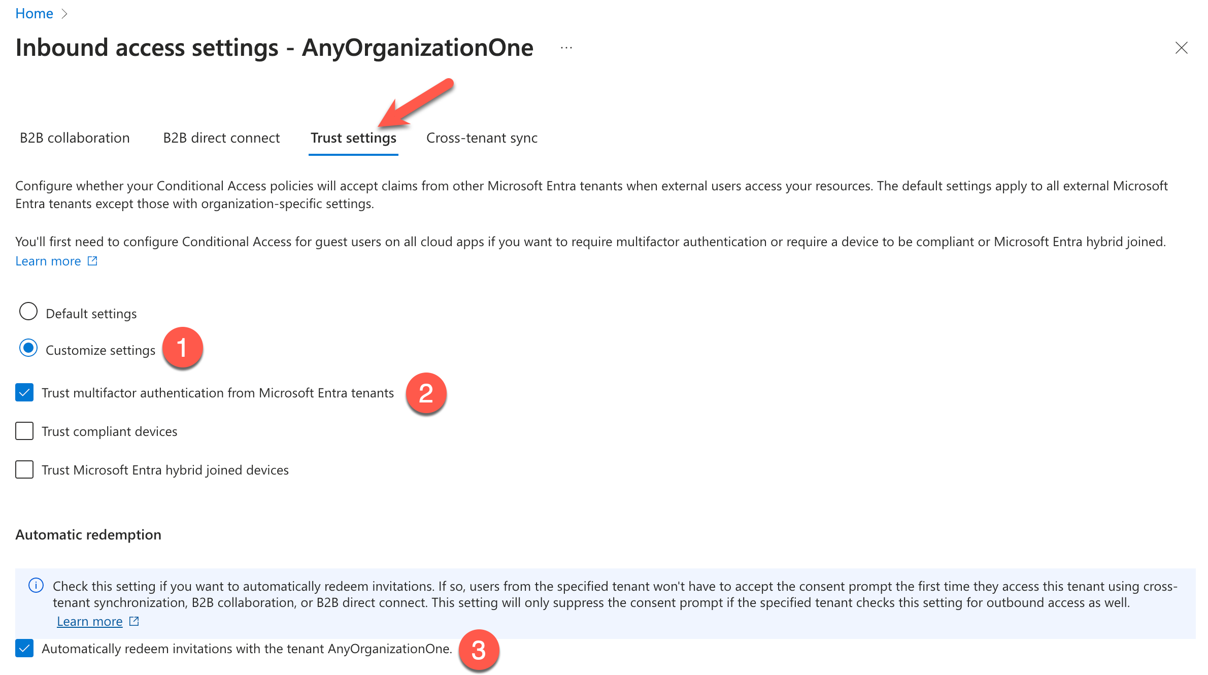 The Azure Console displays the Inbound access settings and we select the Trust Settings