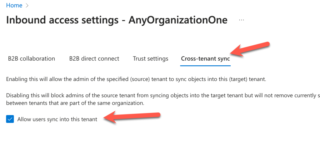 The Azure Console displays the Inbound access settings and we select Cross-tenant sync