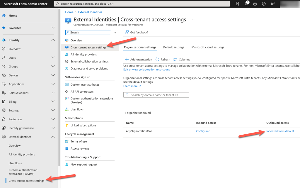 The Azure console displays the Entra admin center where we select Cross-tenant access settings and then inherited from default