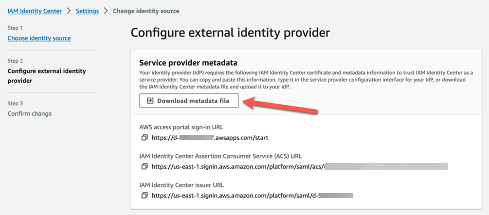 The AWS IAM Identity Center console displays the download the metadata file option