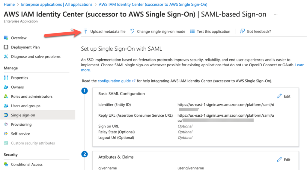 The Azure console displays the Upload metadata file which uses the file we downloaded from AWS IAM Identity Center