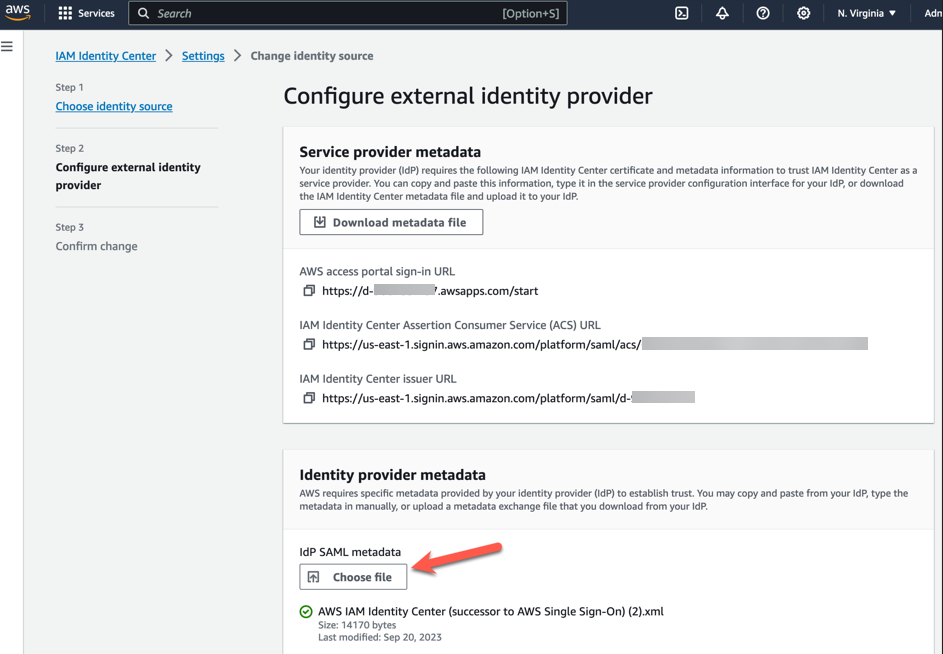 IAM Identity Center displays the choose file option to upload the SAML metadata file which we downloaded from Azure