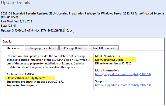 KB5017220 Update Details as seen on Microsoft Update Catalog website