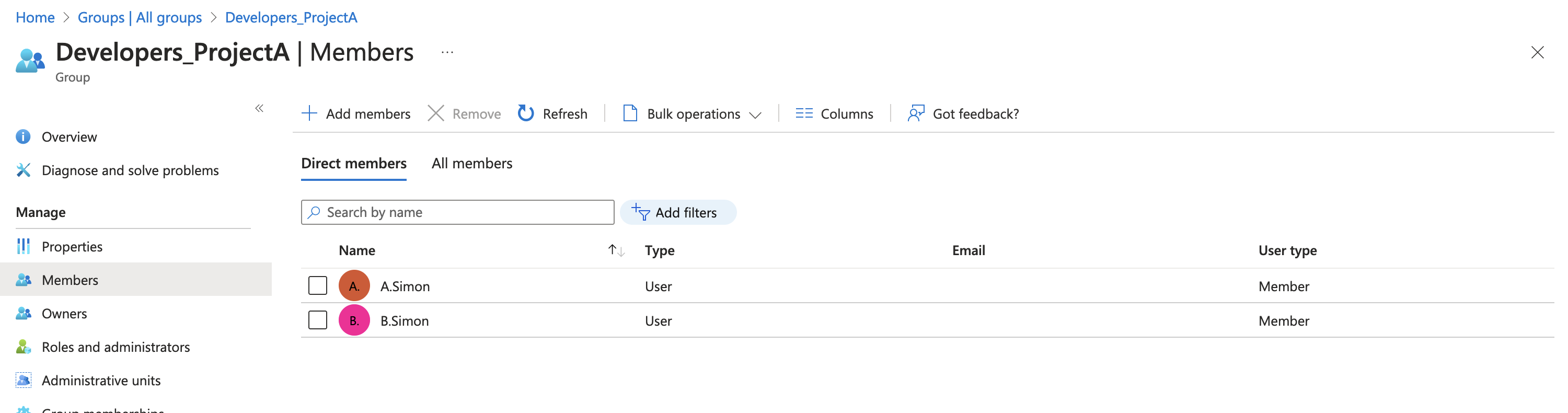 Figure 1: Microsoft Entra ID group Developers_ProjectA members