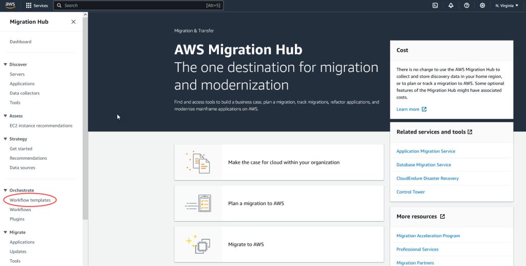 Workflow templates in AWS Migration Hub console