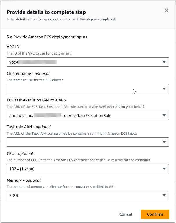 Provide inputs for deployment to Amazon ECS