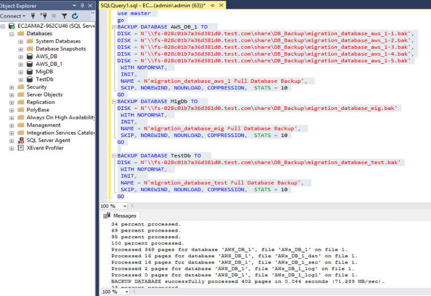 Figure 5: T-SQL script for taking database backup at source in action