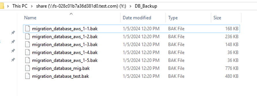 Figure 6: Backup files written on Amazon FSx for Windows File Server