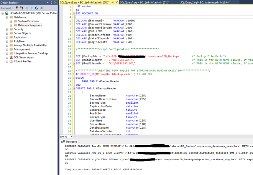 Figure 7: -T-SQL script to for taking database backup at source