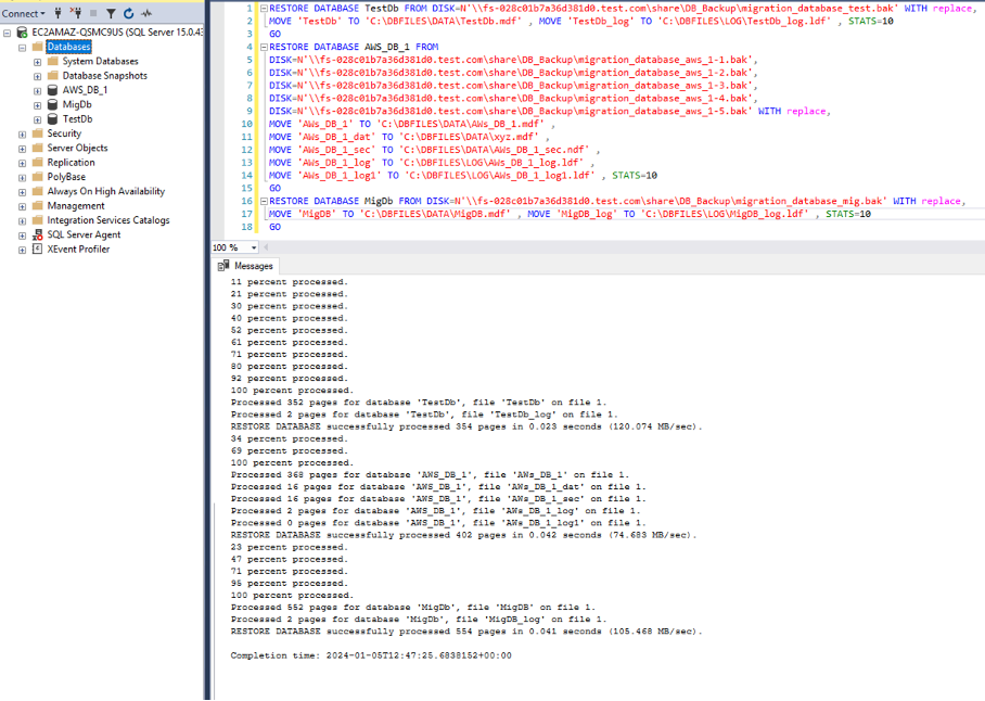 Figure 8: Restoring database with command generated by running the T-SQL script and copying the output from the query message window