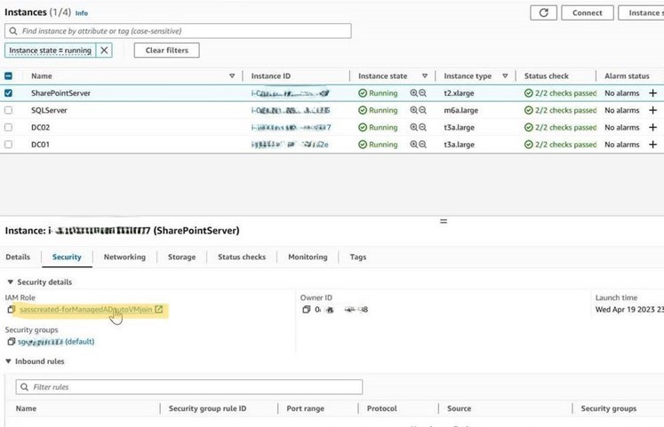 Figure 2: Verifying the assigned Instance profile to an EC2 instance.