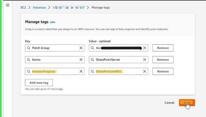 Figure 5: Adding new tag on an EC2 instance.