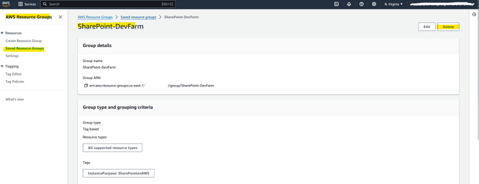 Figure 26: finding the resource group and delete action.