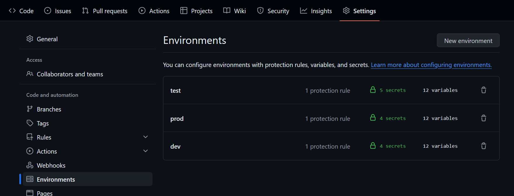 GitHub stored secrets and variables for each environment