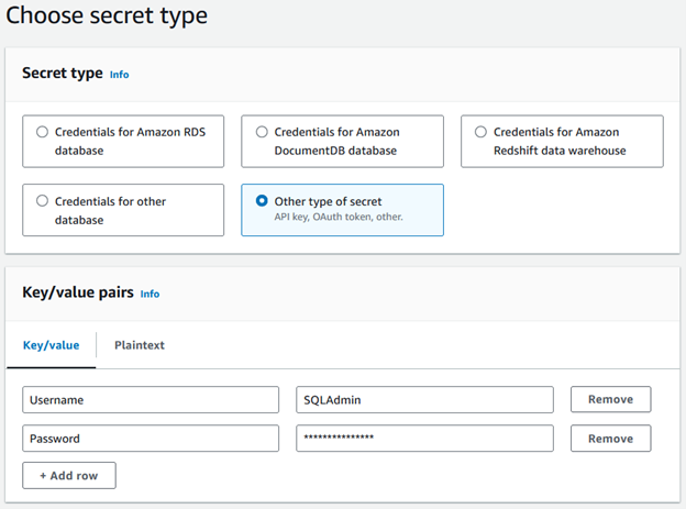 Image displaying how to create the SQL Server credentials as a secret in AWS Secrets Manager