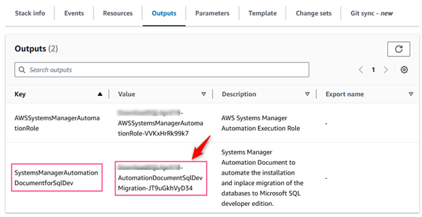 Image displaying how to locate the name of the AWS Systems Manager automation document from the AWS CloudFormation console. 