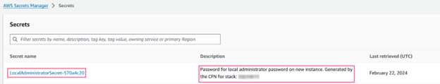 Image showing how to retrieve the local administrator credentials for the new instance from AWS Secrets Manager. 