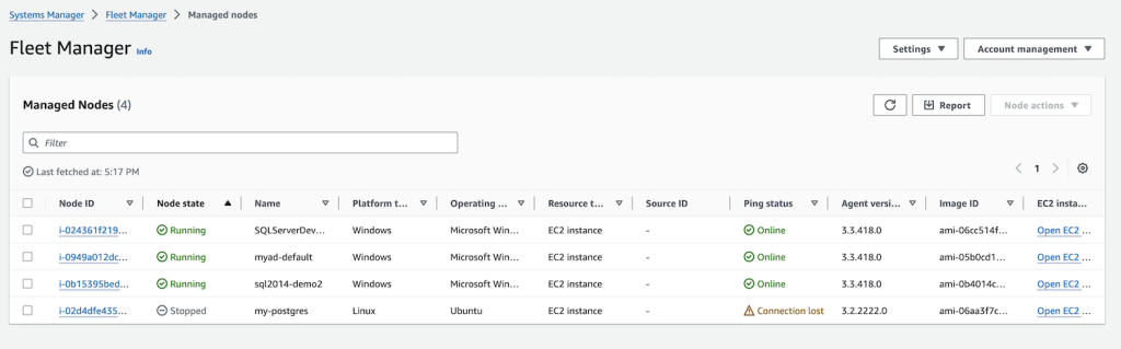 Figure 8. Managed nodes in AWS Systems Manager Fleet Manager