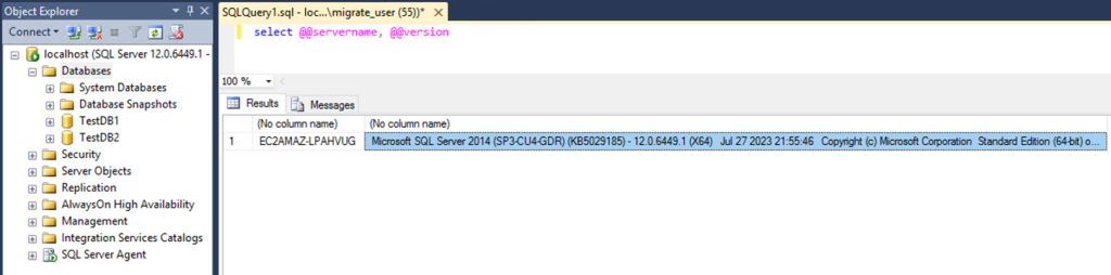 Figure 16. SQL Server Instance version before upgrade