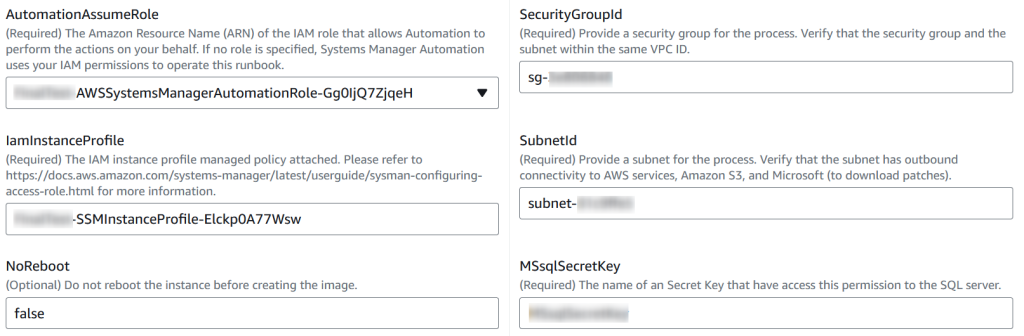 Image displaying the parameter fields in the automation document