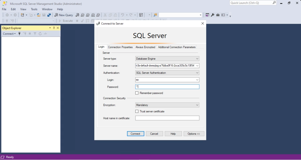 Figure 11 - Login to cluster on SQL Server Management Studio using load balancer external IP from a deployed pod