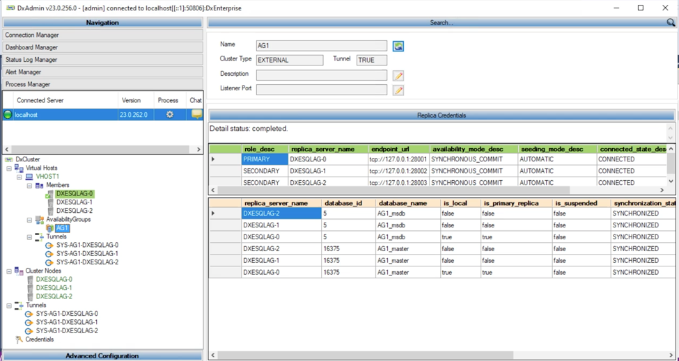 Figure 13 –View of the AG in the DxAdmin administration console shows it active on DXESQLAG-0